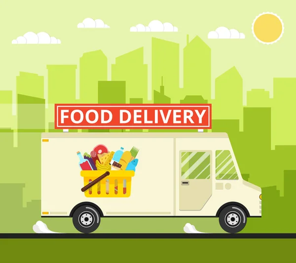 Ilustração Vetorial Caminhão Entrega Alimentos Sobre Edifícios Cidade — Vetor de Stock
