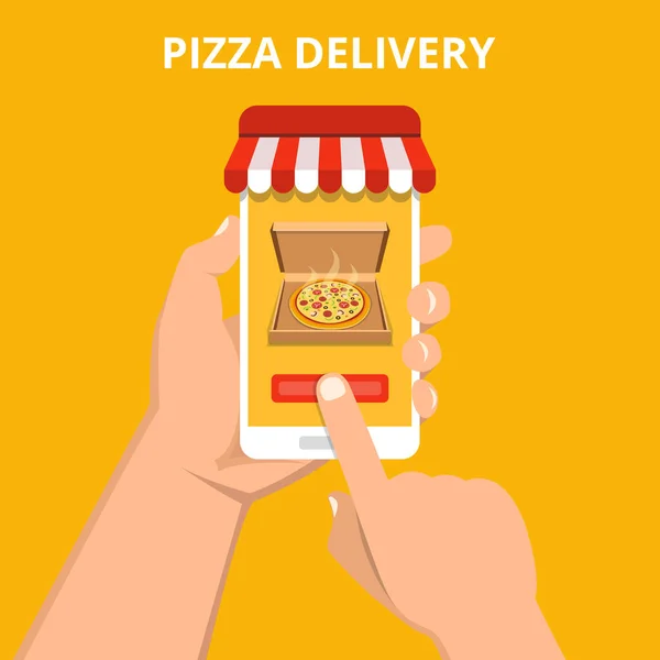 Vector Illustration Online Order Pizza Hand Holding Smartphone Pizza Screen — Stock Vector