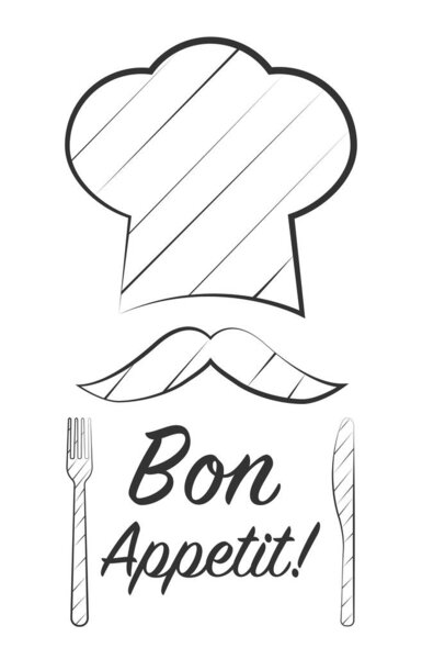 Vector illustration of bon appetit card with chef hand and moustache