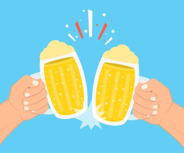 Bira gözlük holding iki eller. Bira Festivali kavramı. Düz çizgi film tarzı. Mavi arka plan üzerinde vektör çizim