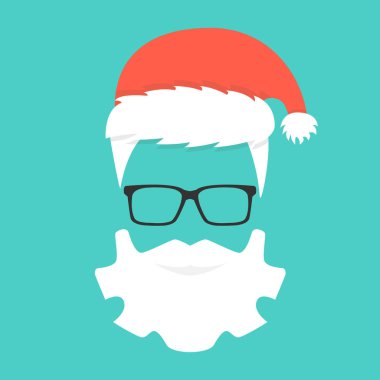 Noel Baba sakal, bıyık ve gözlük. Tebrik kartı hippi tarzı. Deniz mavisi arka plan üzerinde vektör çizim