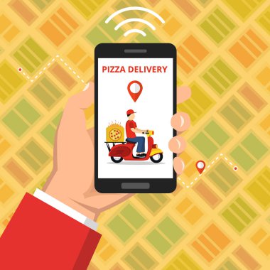Hızlı teslimat hizmeti kavramı. Ekranda Scooter veya motosiklet ile akıllı telefon tutarak el. Turuncu arka plan üzerinde düz vektör illüstrasyon