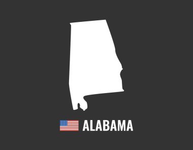 Alabama harita siyah arka plan siluet üzerinde izole. Alabama ABD eyaleti. Amerikan bayrağı. Vektör Illustration