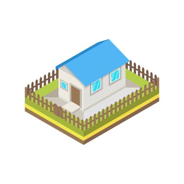 Mavi çatılı izometrik ev. Banliyö evini temsil eden izometrik unsurlar. Vektör Illustration.