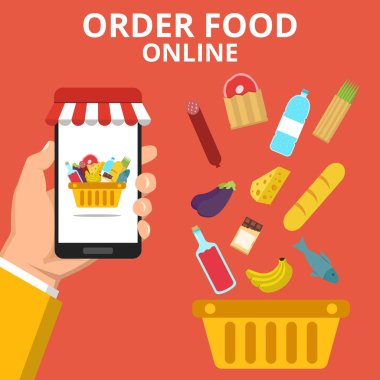 Online yemek siparişi. Smartphone sepet üstünde belgili tanımlık perde ile tutan el. Kırmızı bir arka plan üzerinde düz vektör çizim