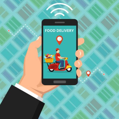 Hızlı teslimat hizmeti kavramı. Ekranda Scooter veya motosiklet ile akıllı telefon tutarak el. Deniz mavisi arka plan üzerinde düz vektör illüstrasyon