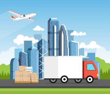teslimat kamyon ve kutuları vektör illüstrasyon