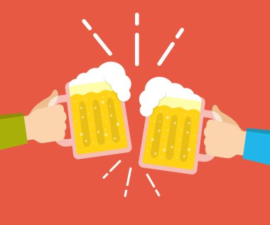 Bira gözlük holding iki eller. Bira Festivali kavramı. Düz çizgi film tarzı. Deniz mavisi arka plan üzerinde vektör çizim