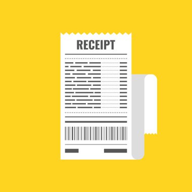 Alış irsaliyesi simgesi. Fatura işareti. Bill atm şablonu veya restoran kağıt mali denetimi. Sarı arka plan üzerinde vektör çizim.
