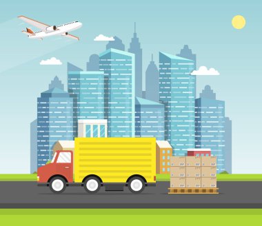 şehir üzerinde kutuları ile teslimat kamyon vektör illüstrasyon