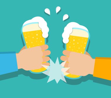 Bira gözlük holding iki eller. Bira Festivali kavramı. Düz çizgi film tarzı. Deniz mavisi arka plan üzerinde vektör çizim