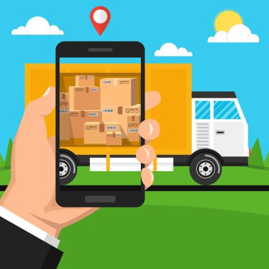 el tutan akıllı telefon vektör illüstrasyon. online teslimat ve izleme konsepti