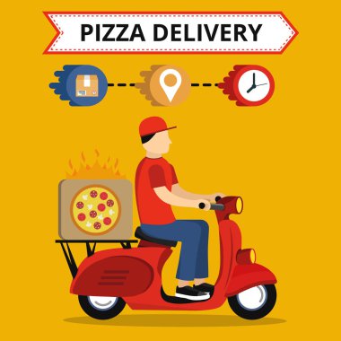 Scooter üzerinde hızlı pizza teslimat hizmeti kavramı. Turuncu arka plan üzerinde düz vektör illüstrasyon