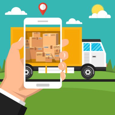 el tutan akıllı telefon vektör illüstrasyon. online teslimat ve izleme konsepti