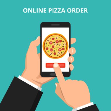 Vektör çizim çevrimiçi semti için pizza. El smartphone pizza ile ekranda deniz mavisi arka plan üzerinde tutarak.