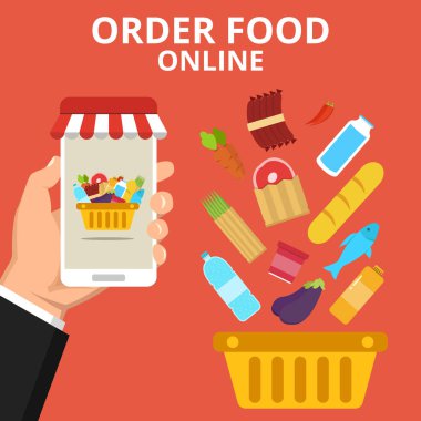 Online yemek siparişi. Smartphone sepet üstünde belgili tanımlık perde ile tutan el. Kırmızı bir arka plan üzerinde düz vektör çizim