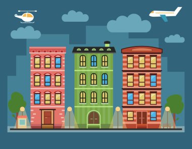 Güzel renkli şehir şehir manzara çeşitli townhouses, bulutlar, çınar ve kentsel diğer ayrıntıları ile. 