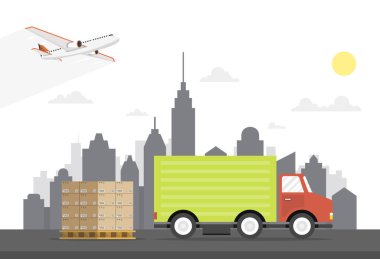 şehir üzerinde kutuları ile teslimat kamyon vektör illüstrasyon