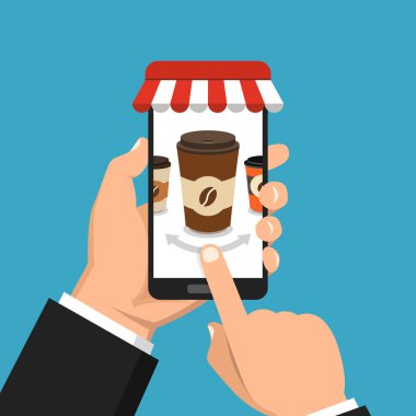 Tek kullanımlık kahve fincanı üstünde belgili tanımlık perde ile Smartphone tutan el. Kahve sipariş online kavramı. Mavi arka plan üzerinde vektör çizim