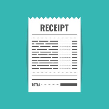 Alış irsaliyesi simgesi. Fatura işareti. Bill atm şablonu veya restoran kağıt mali denetimi. Deniz mavisi arka plan üzerinde vektör çizim.