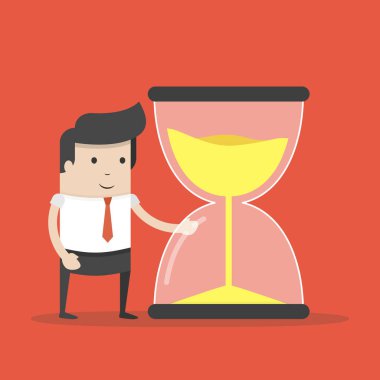 Vektör çizim işadamı veya Yöneticisi kum saati görünüyor. Zaman yönetimi kavramı. Kırmızı bir arka plan üzerinde düz çizgi film tarzı