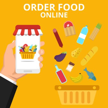 Online yemek siparişi. Smartphone sepet üstünde belgili tanımlık perde ile tutan el. Sarı arka plan üzerinde düz vektör çizim