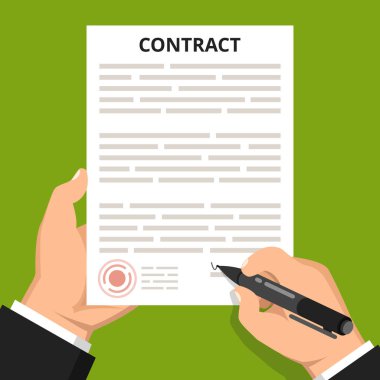 İşadamı eli kalem tutan ve iş sözleşme imzalama. Yeşil arka plan üzerinde düz vektör çizim