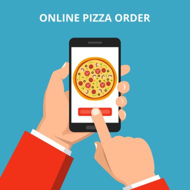 Vektör çizim çevrimiçi semti için pizza. El smartphone pizza ile ekranda mavi arka plan üzerinde tutarak.