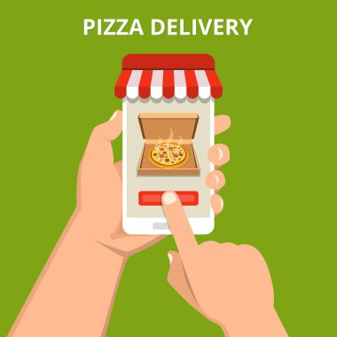 Vektör çizim çevrimiçi semti için pizza. El smartphone pizza ile ekranda yeşil arka plan üzerinde tutarak.