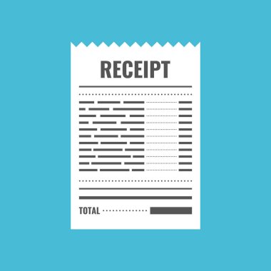 Alış irsaliyesi simgesi. Fatura işareti. Bill atm şablonu veya restoran kağıt mali denetimi. Mavi arka plan üzerinde vektör çizim.