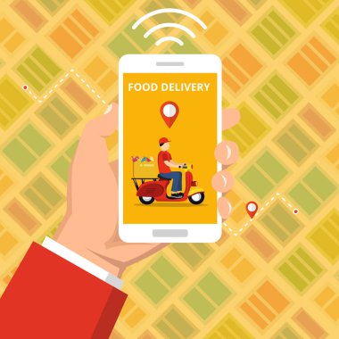Hızlı teslimat hizmeti kavramı. Ekranda Scooter veya motosiklet ile akıllı telefon tutarak el. Turuncu arka plan üzerinde düz vektör illüstrasyon