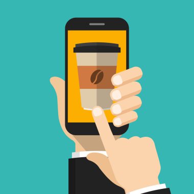 Tek kullanımlık kahve fincanı üstünde belgili tanımlık perde ile Smartphone tutan el. Kahve sipariş online kavramı. Deniz mavisi arka plan üzerinde vektör çizim