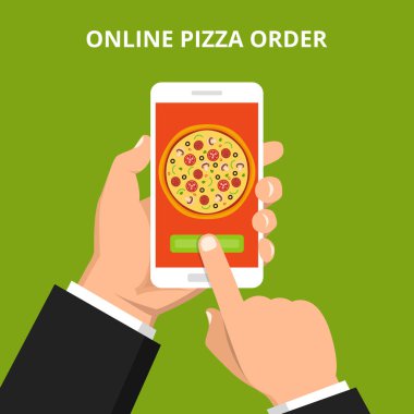 Vektör çizim çevrimiçi semti için pizza. El smartphone pizza ile ekranda yeşil arka plan üzerinde tutarak.