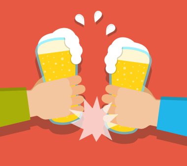 Bira gözlük holding iki eller. Bira Festivali kavramı. Düz çizgi film tarzı. Kırmızı bir arka plan üzerinde vektör çizim