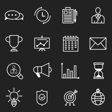 siyah arka plan üzerinde ayarlanmış iş simgelerinin vektör illüstrasyonu