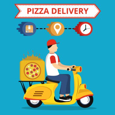 Scooter üzerinde hızlı pizza teslimat hizmeti kavramı. Mavi arka plan üzerinde düz vektör illüstrasyon