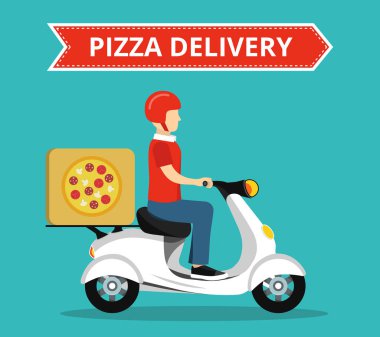 Scooter üzerinde hızlı pizza teslimat hizmeti kavramı. Deniz mavisi arka plan üzerinde düz vektör illüstrasyon