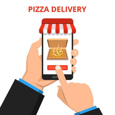 Vektör çizim çevrimiçi semti için pizza. El smartphone pizza ile ekranda beyaz arka plan üzerinde tutarak.