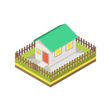 Mavi çatılı izometrik ev. Banliyö evini temsil eden izometrik unsurlar. Vektör Illustration.