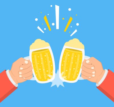 Bira gözlük holding iki eller. Bira Festivali kavramı. Düz çizgi film tarzı. Deniz mavisi arka plan üzerinde vektör çizim