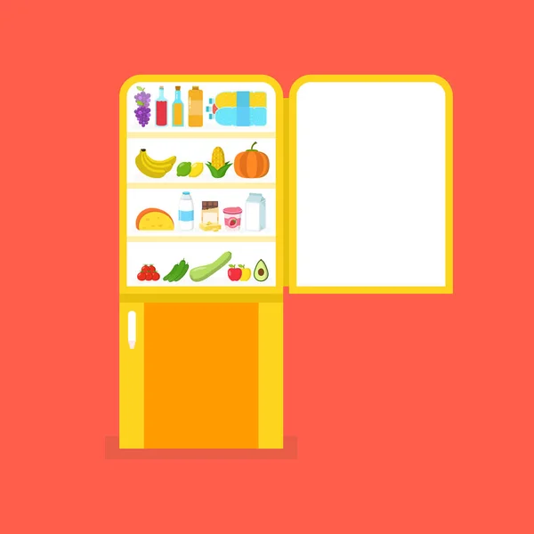 Voller Lebensmittel Öffnete Gelben Kühlschrank Flache Vektorabbildung — Stockvektor