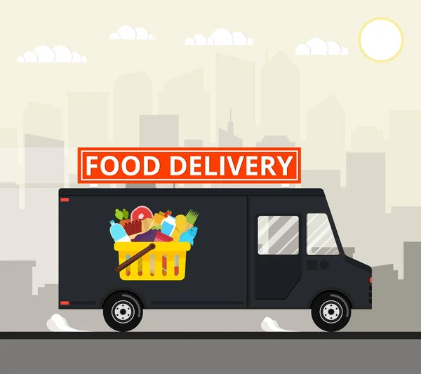 Ilustração Vetorial Caminhão Entrega Alimentos Sobre Edifícios Cidade — Vetor de Stock