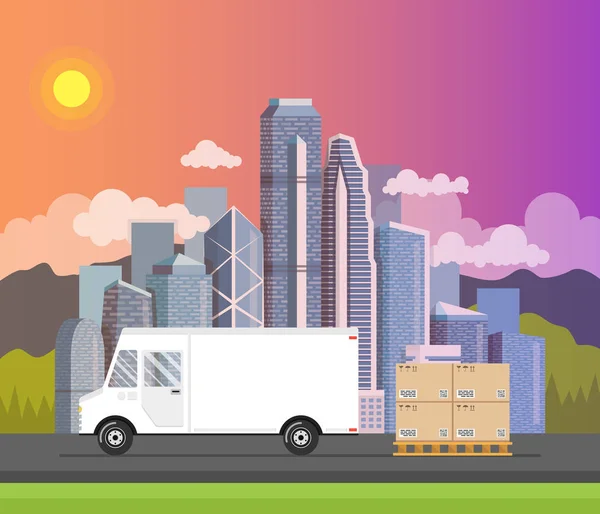 Ilustrație Vectorială Camionului Livrare Cutii Peste Centrul Orașului — Vector de stoc