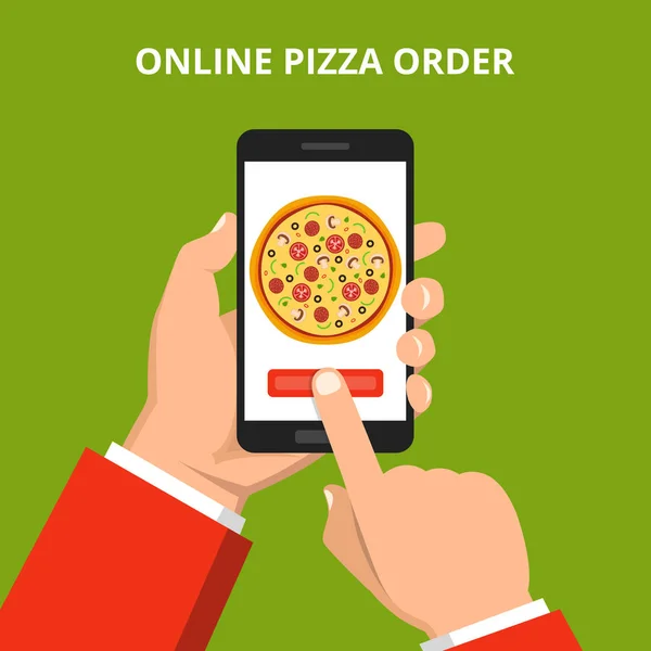 Vector Illustration Online Order Pizza Hand Holding Smartphone Pizza Screen — Stock Vector