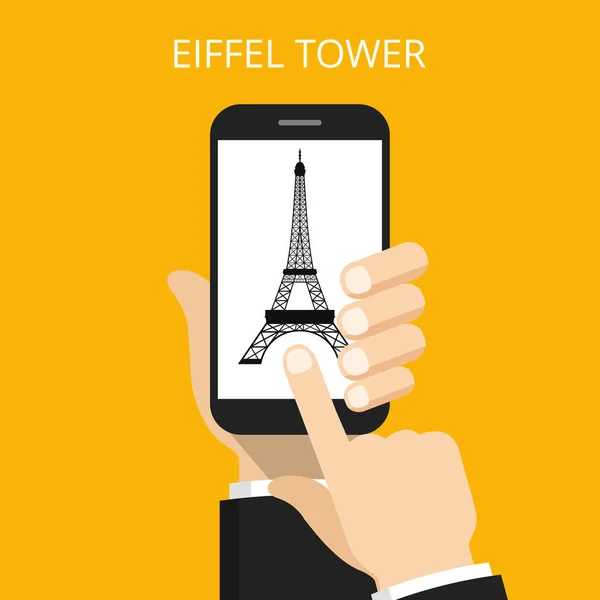 Vektor Illusztrációja Eiffel Torony Okostelefon Kijelző Narancssárga Háttér — Stock Vector