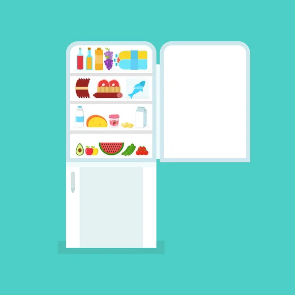 Voller Lebensmittel Öffnete Weißen Kühlschrank Flache Vektorabbildung — Stockvektor