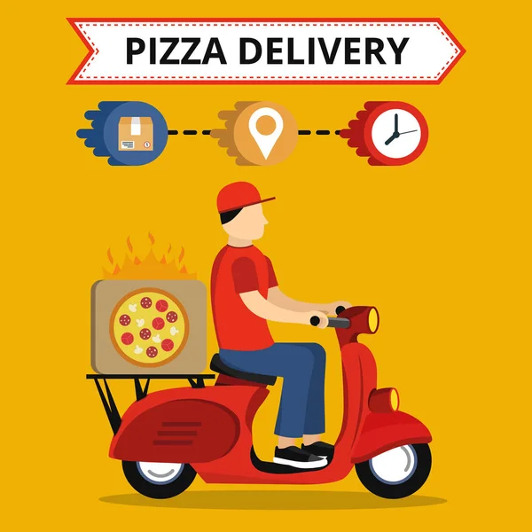 Concept Van Snelle Pizza Delivery Service Scooter Platte Vector Illustratie — Stockvector