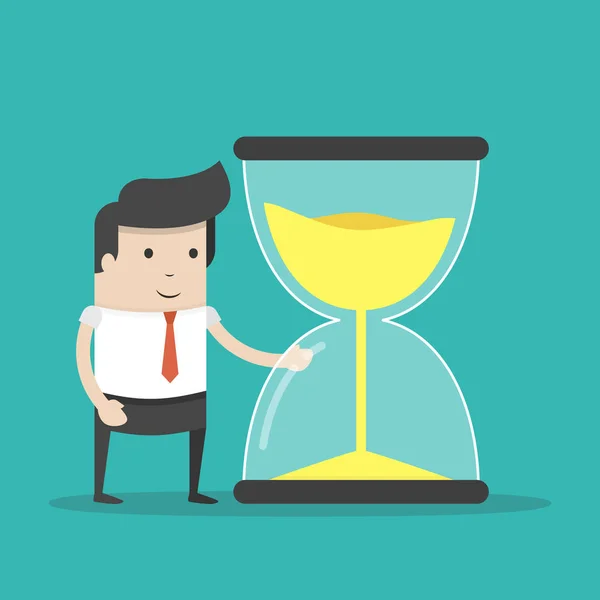 Vector Illustration Businessman Manager Looks Hourglass Time Management Concept Flat — Stock Vector