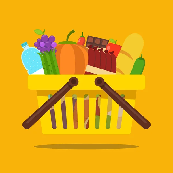 食品や飲料製品とのショッピングバスケット オンライン食料品の注文のための概念 ベクトル平面イラスト — ストックベクタ