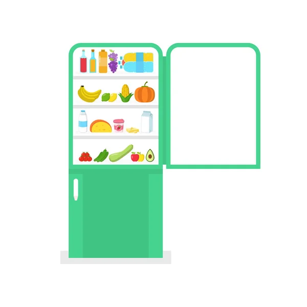 食品の完全なは 緑色の冷蔵庫を開きます フラットのベクトル図 — ストックベクタ